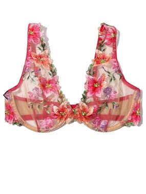 Hanky Panky Pink & Coral Floral Embroidered Sheer Underwire Bra